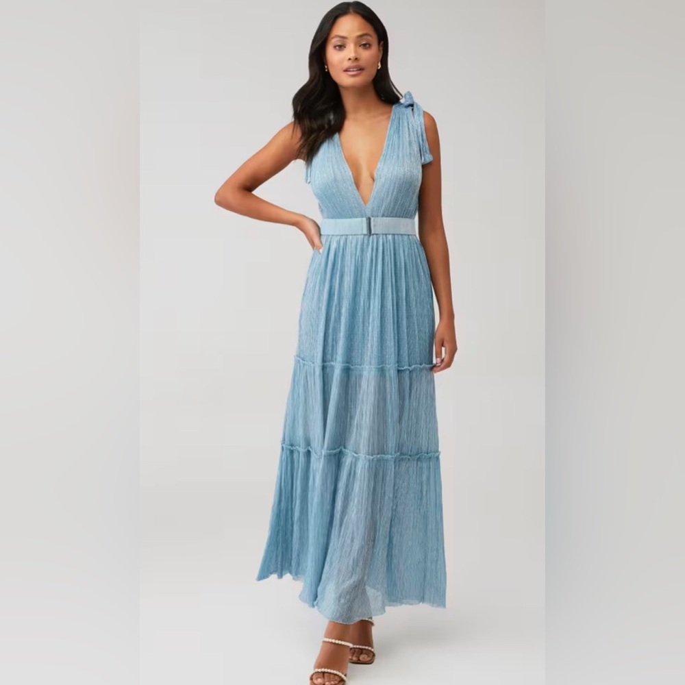 Sabina Musayev Skylar Dress in Marine Blue Metallic Shimmer Missing Belt Sz M